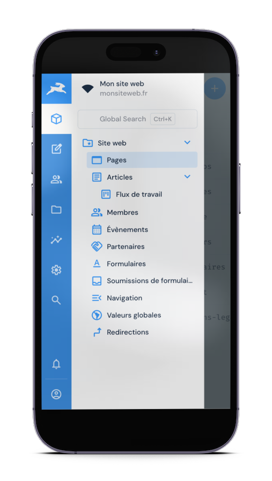 Smartphone présentant l'interface d'administration